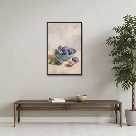 Impressionist Still Life Painting with Plums - Black Framed Canvas Wall Art - Coffee Table - 24x36