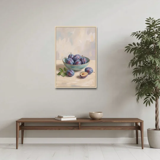 Impressionist Still Life Painting with Plums - Oak Framed Canvas Wall Art - Coffee Table - 24x36