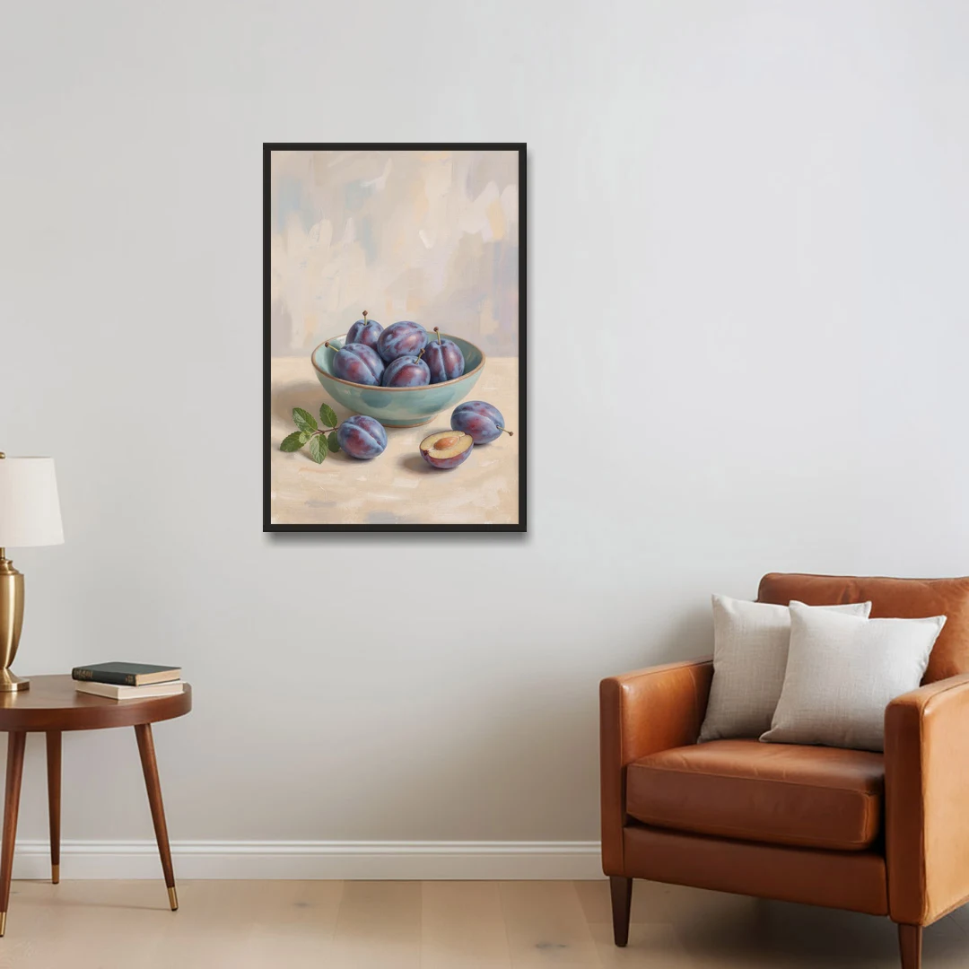Impressionist Still Life Painting with Plums - Black Framed Canvas Wall Art - Sofa - 24x36