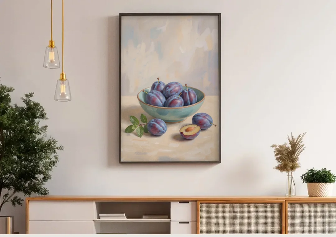 Impressionist Still Life Painting with Plums canvas wall art above a wooden sideboard under pendant lights