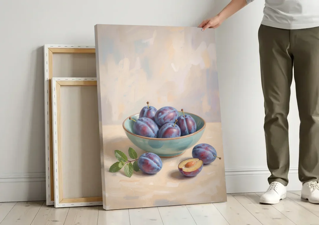 Impressionist Still Life Painting with Plums canvas wall art leaning against a wall next to blank canvases