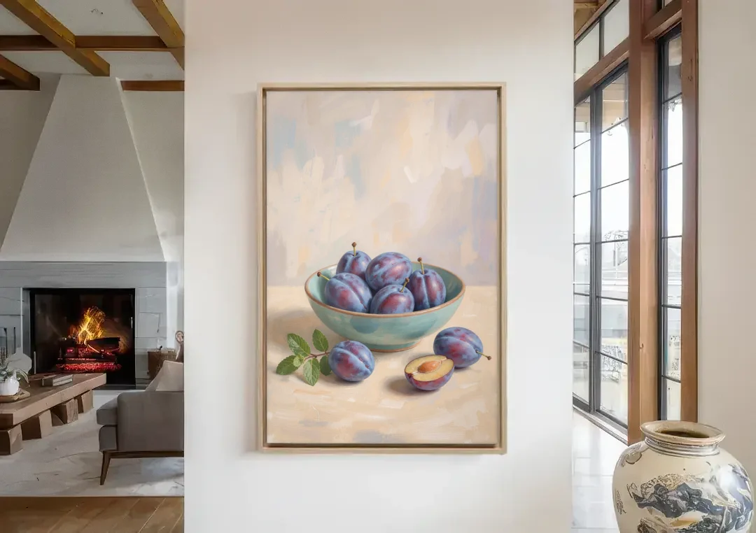 Impressionist Still Life Painting with Plums canvas wall art in a living room with a fireplace