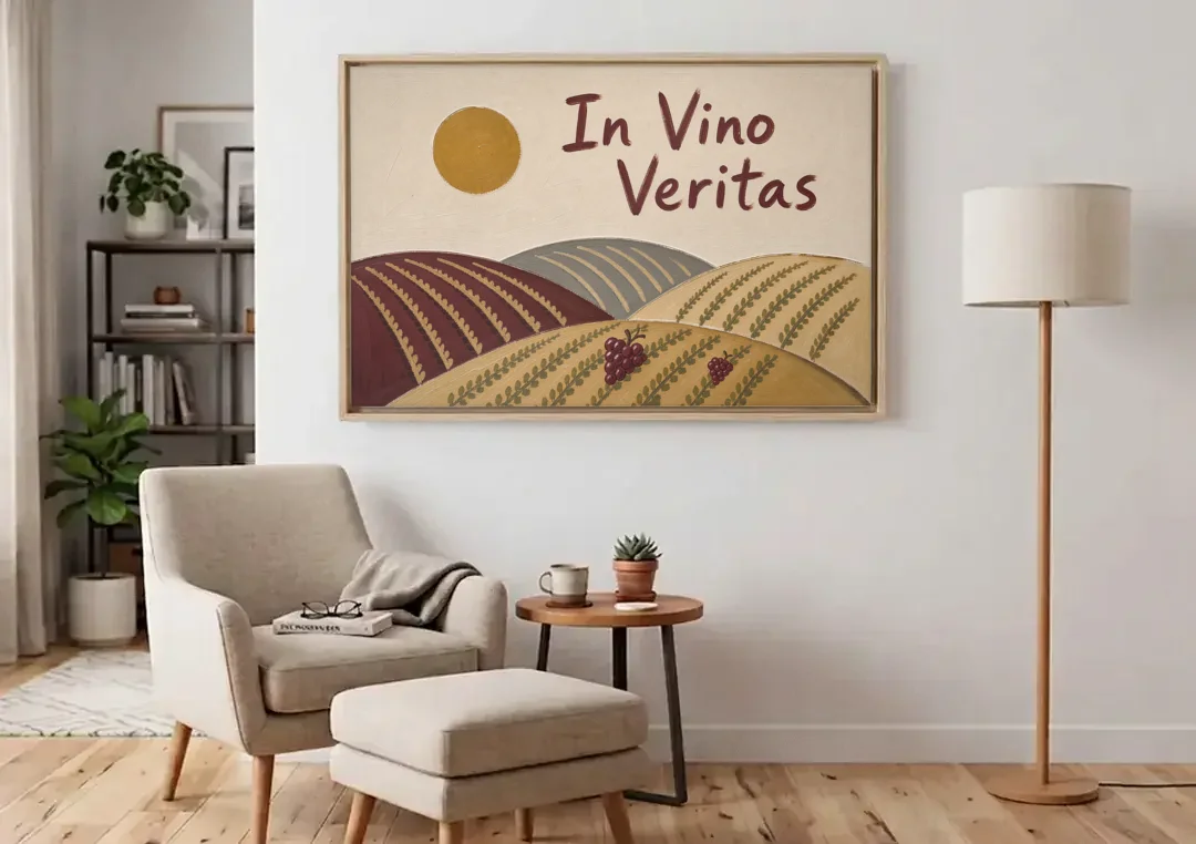 In Vino Veritas Vineyard Hills Under a Gold Sun canvas wall art above an armchair in a bright living room