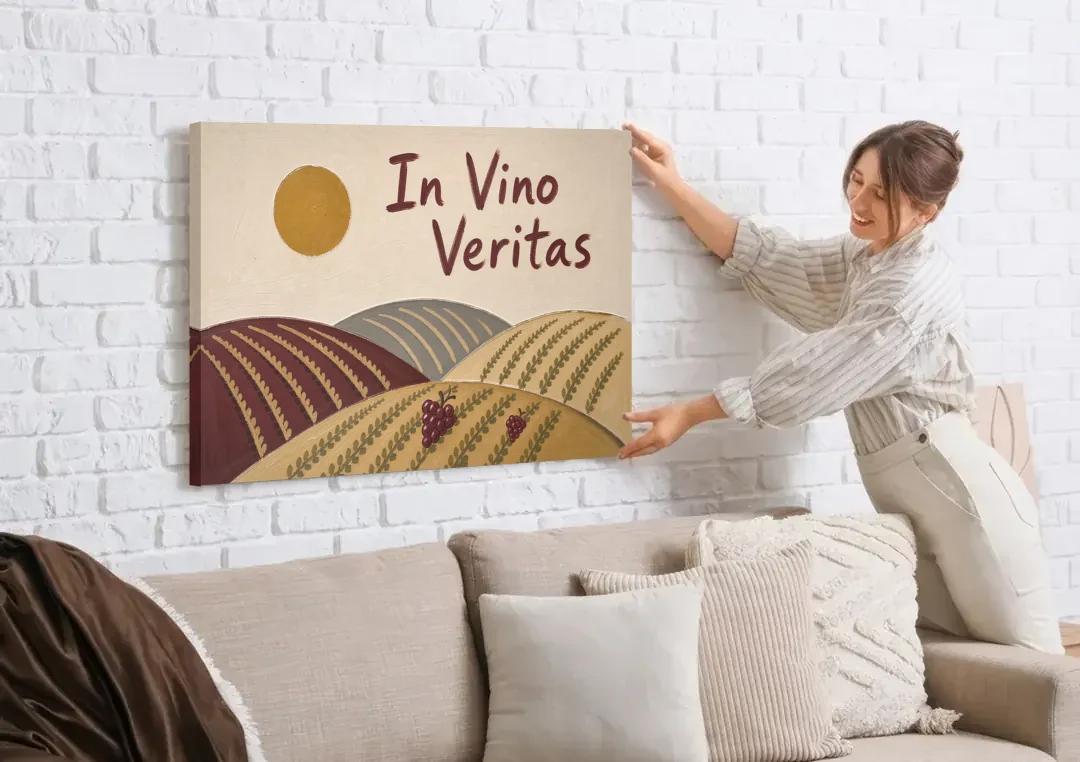 In Vino Veritas Vineyard Hills Under a Gold Sun canvas wall art being hung on a white brick wall above a sofa