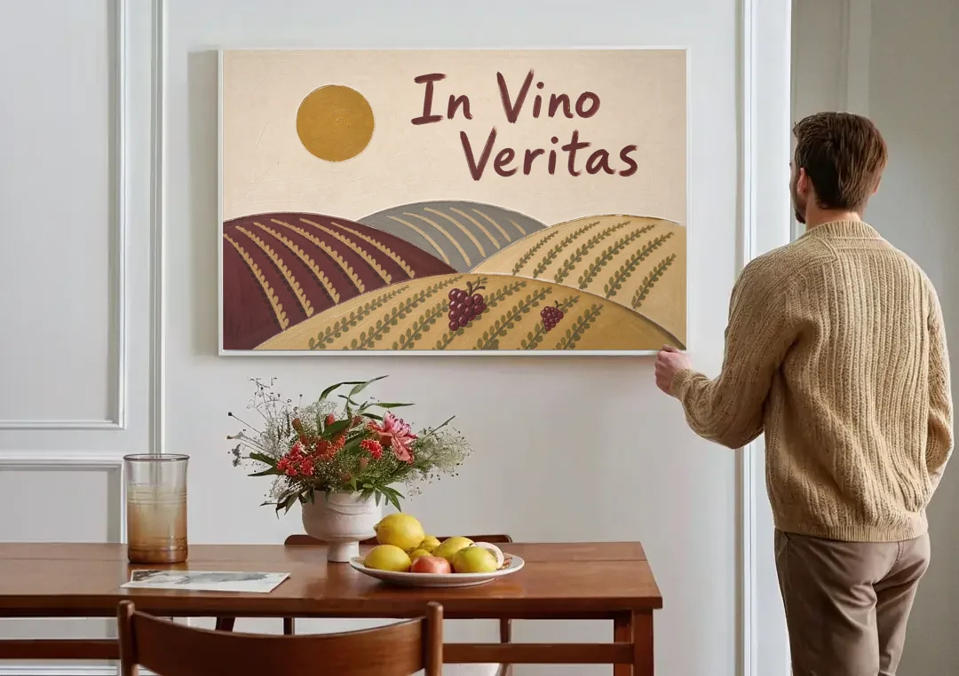 In Vino Veritas Vineyard Hills Under a Gold Sun canvas wall art above a dining table