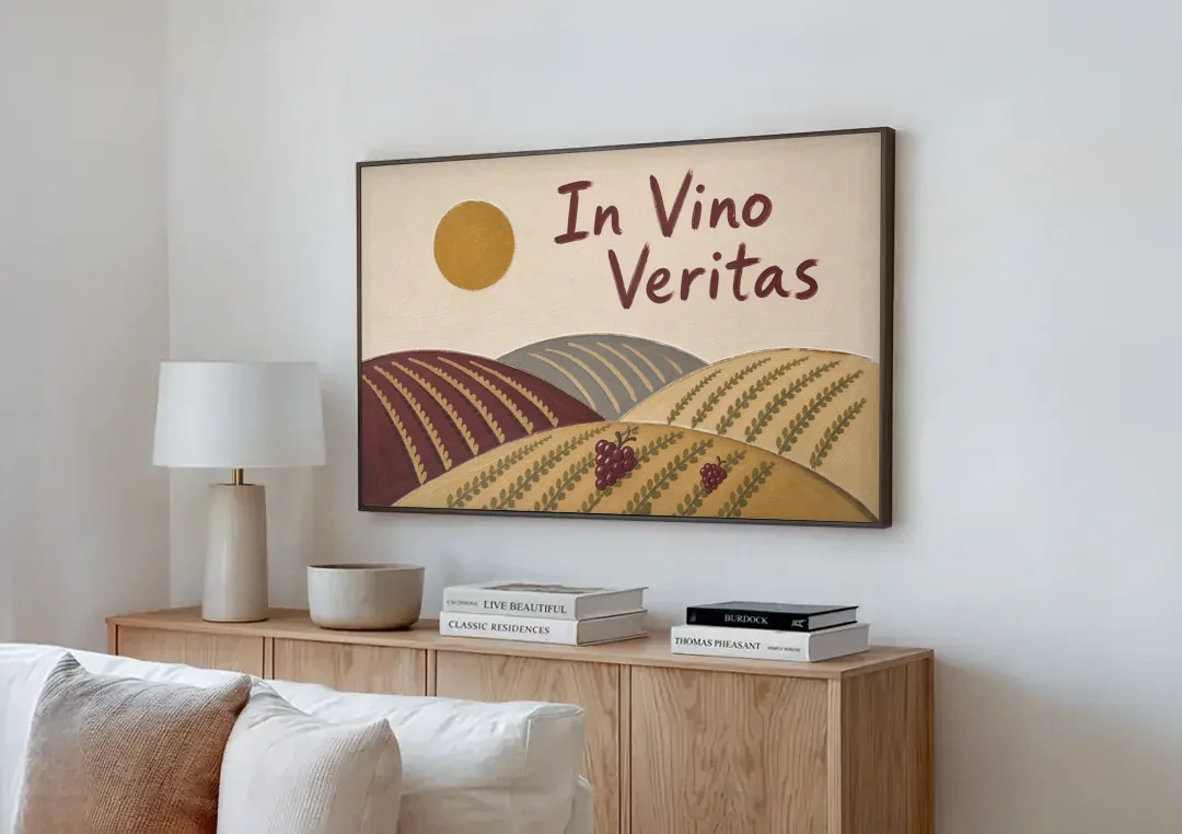 In Vino Veritas Vineyard Hills Under a Gold Sun canvas wall art above a wooden sideboard next to a sofa