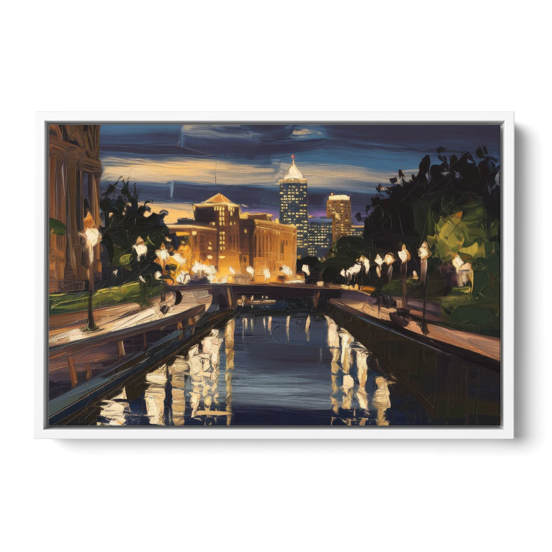 Indianapolis Canal Walk View - White Framed Canvas Wall Art - Front