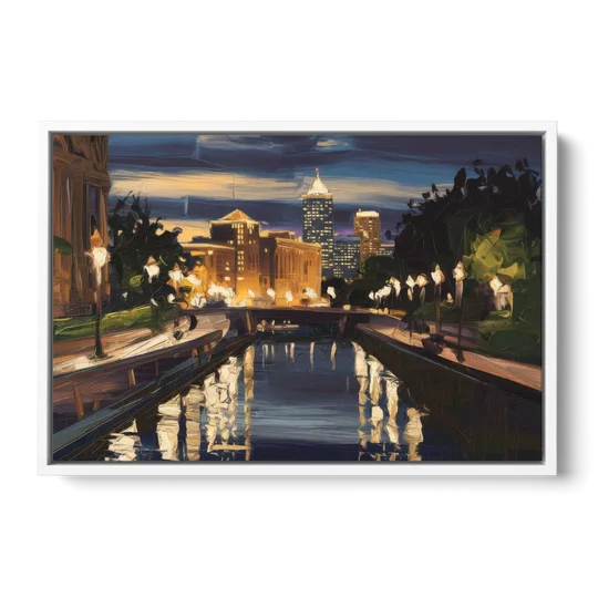 Indianapolis Canal Walk View - White Framed Canvas Wall Art - Front