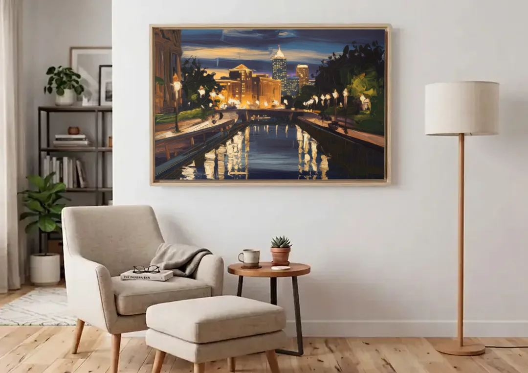 Indianapolis Canal Walk View canvas wall art above an armchair in a bright living room