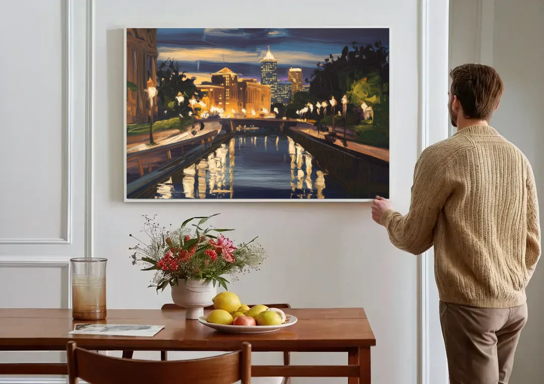 Indianapolis Canal Walk View canvas wall art above a dining table