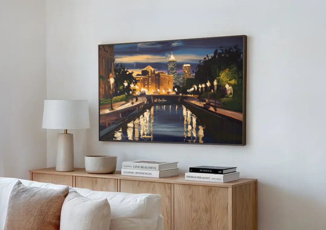 Indianapolis Canal Walk View canvas wall art above a wooden sideboard next to a sofa