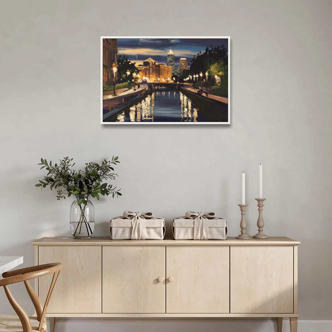 Indianapolis Canal Walk View - White Framed Canvas Wall Art - Coffee Table - 36x24