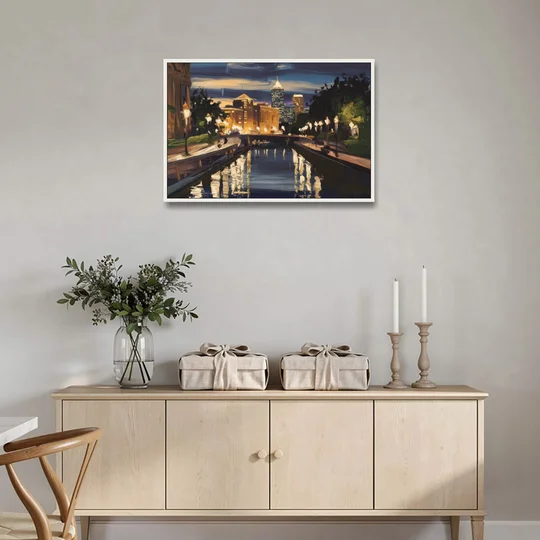Indianapolis Canal Walk View - White Framed Canvas Wall Art - Coffee Table - 36x24