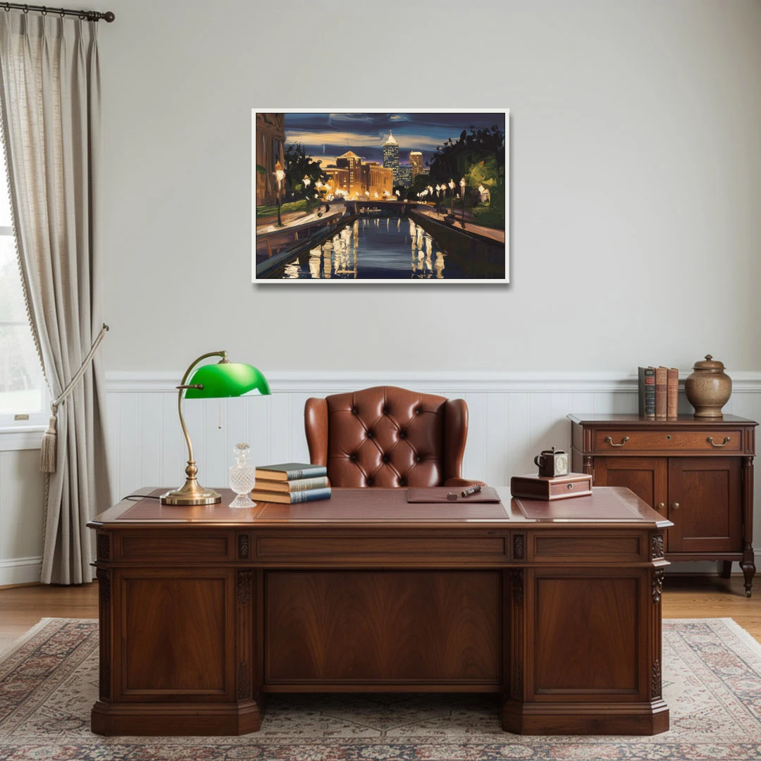 Indianapolis Canal Walk View - White Framed Canvas Wall Art - Office - 36x24