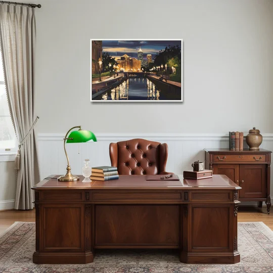 Indianapolis Canal Walk View - White Framed Canvas Wall Art - Office - 36x24