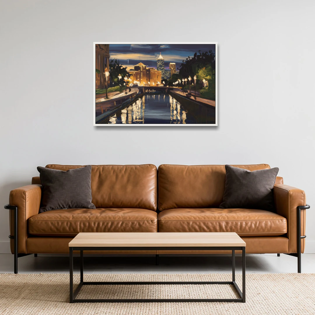 Indianapolis Canal Walk View - White Framed Canvas Wall Art - Sofa - 36x24