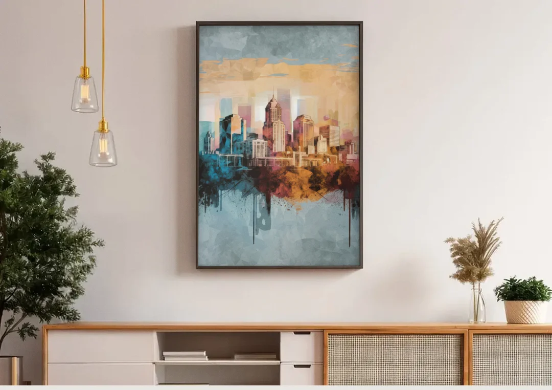 Indianapolis Cityscape in Watercolor canvas wall art above a wooden sideboard under pendant lights