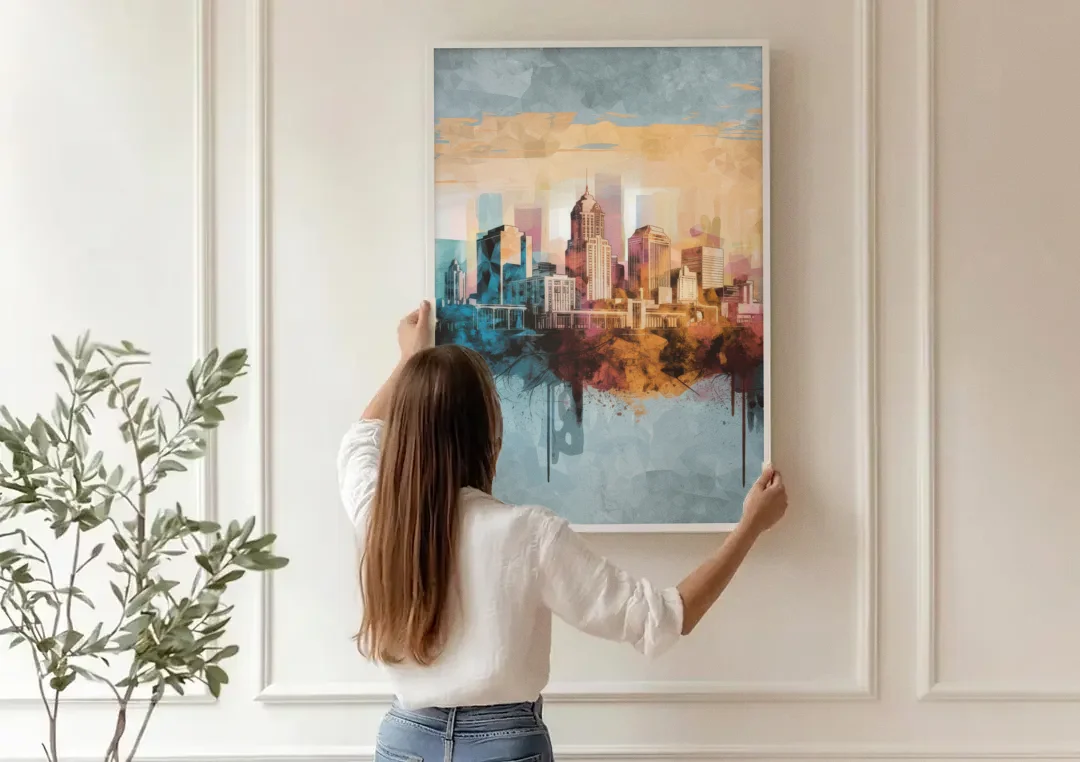 Indianapolis Cityscape in Watercolor canvas wall art being hung on a paneled wall