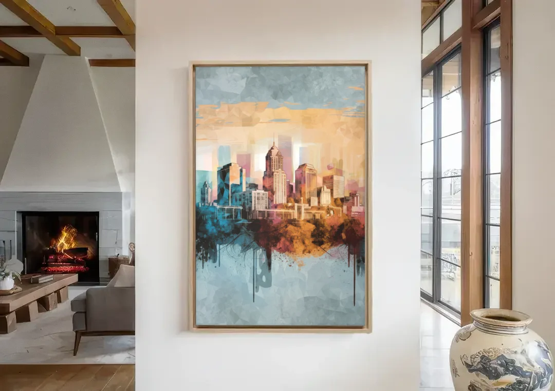 Indianapolis Cityscape in Watercolor canvas wall art in a living room with a fireplace