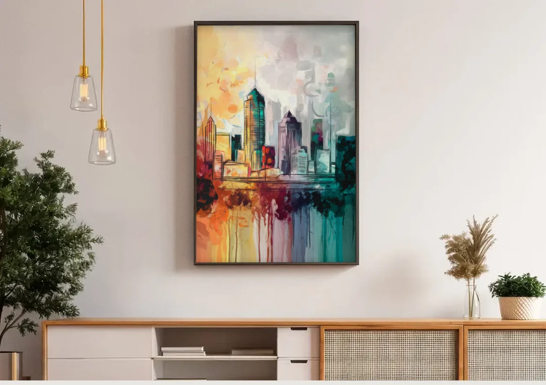 Indianapolis Downtown Skyline canvas wall art above a wooden sideboard under pendant lights