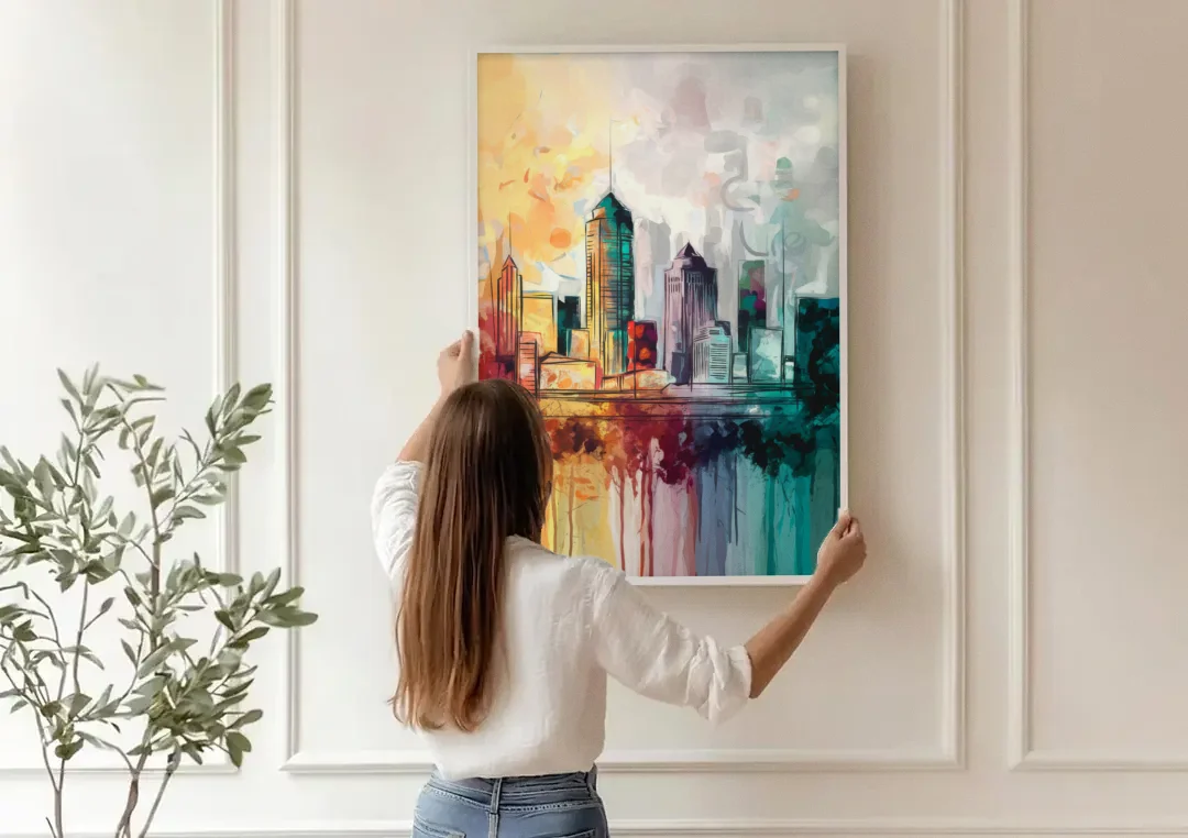 Indianapolis Downtown Skyline canvas wall art being hung on a paneled wall