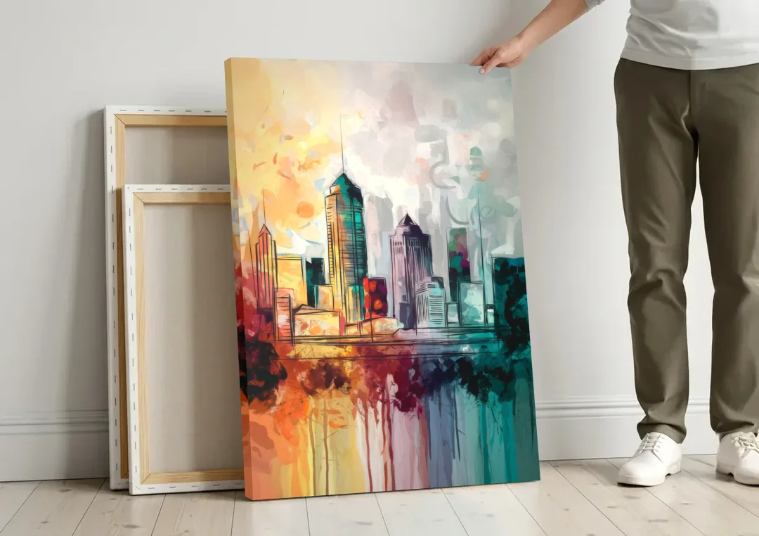Indianapolis Downtown Skyline canvas wall art leaning against a wall next to blank canvases