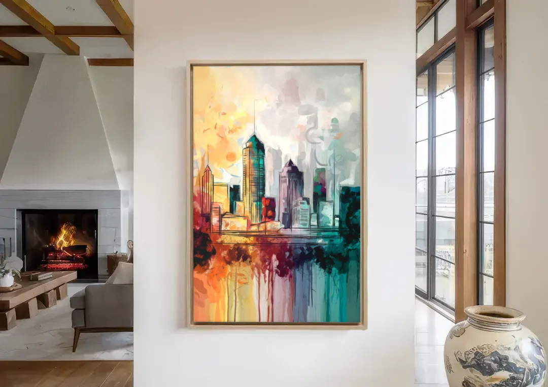 Indianapolis Downtown Skyline canvas wall art in a living room with a fireplace