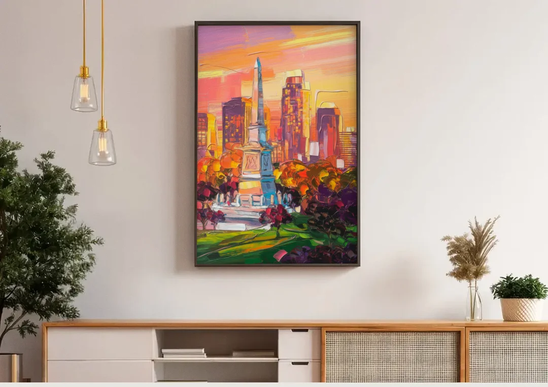 Indianapolis Historic Landmarks canvas wall art above a wooden sideboard under pendant lights