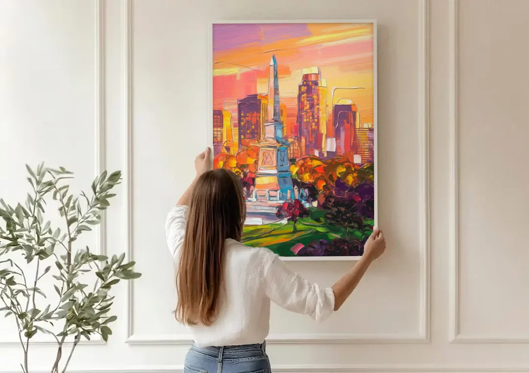 Indianapolis Historic Landmarks canvas wall art being hung on a paneled wall