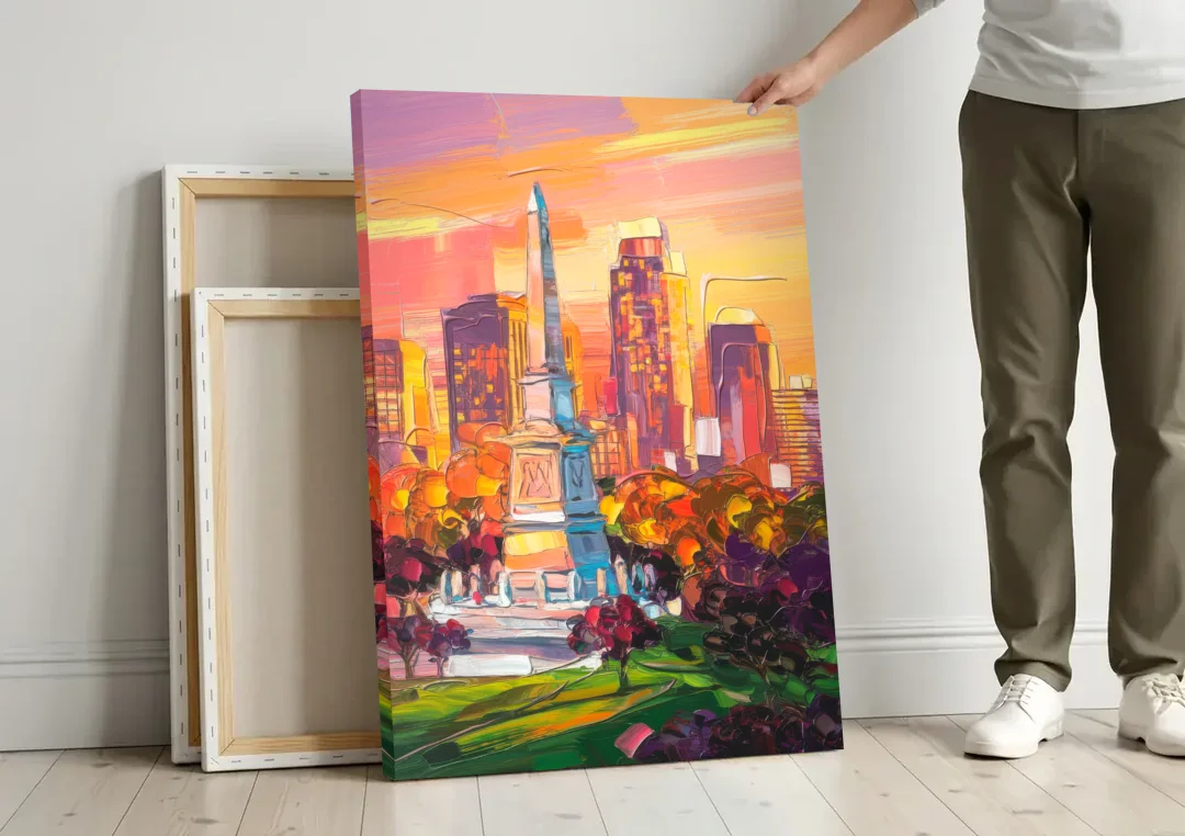 Indianapolis Historic Landmarks canvas wall art leaning against a wall next to blank canvases
