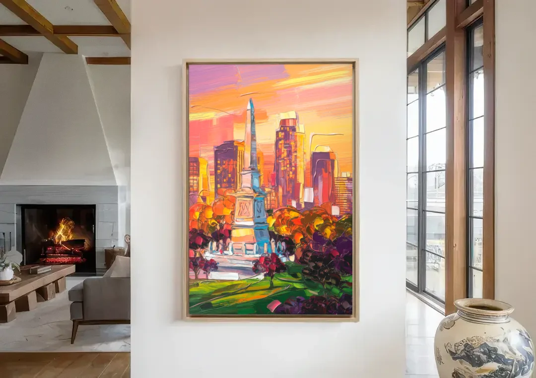 Indianapolis Historic Landmarks canvas wall art in a living room with a fireplace