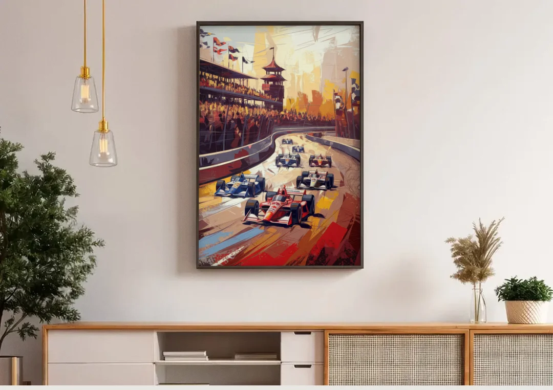 Indianapolis Motor Speedway Racing Scene canvas wall art above a wooden sideboard under pendant lights