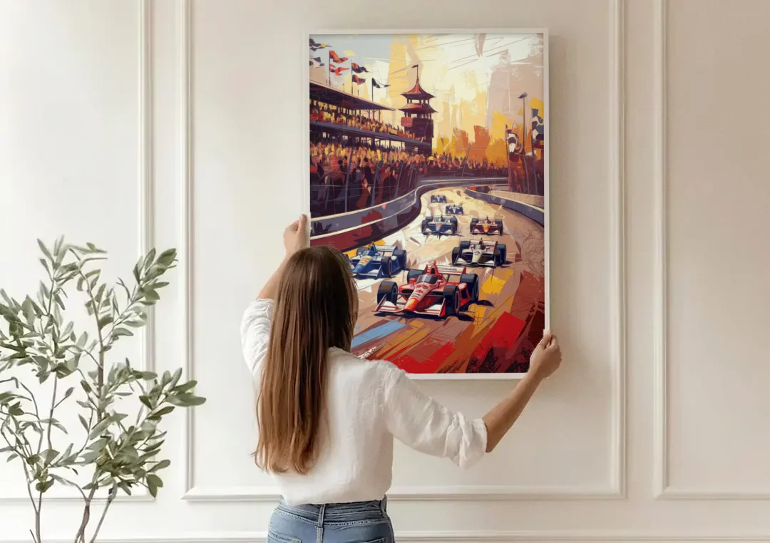 Indianapolis Motor Speedway Racing Scene canvas wall art being hung on a paneled wall