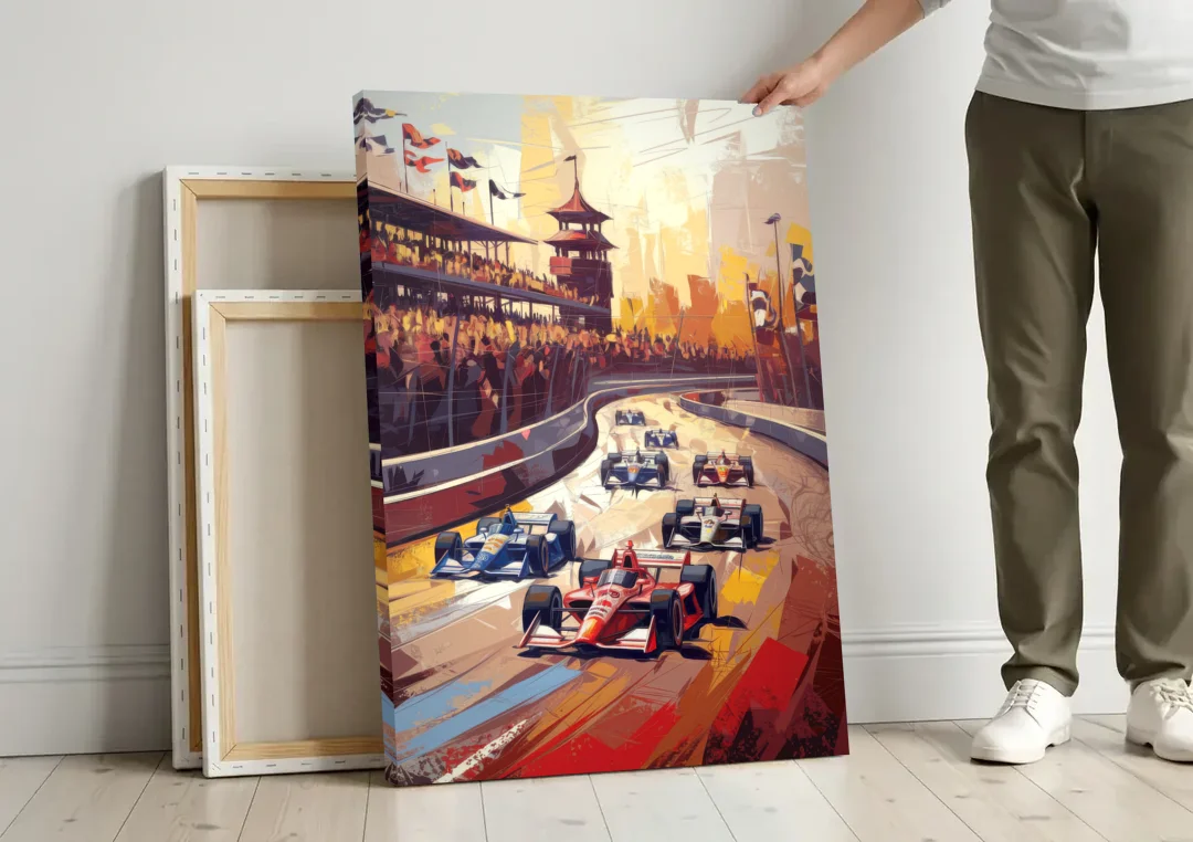 Indianapolis Motor Speedway Racing Scene canvas wall art leaning against a wall next to blank canvases