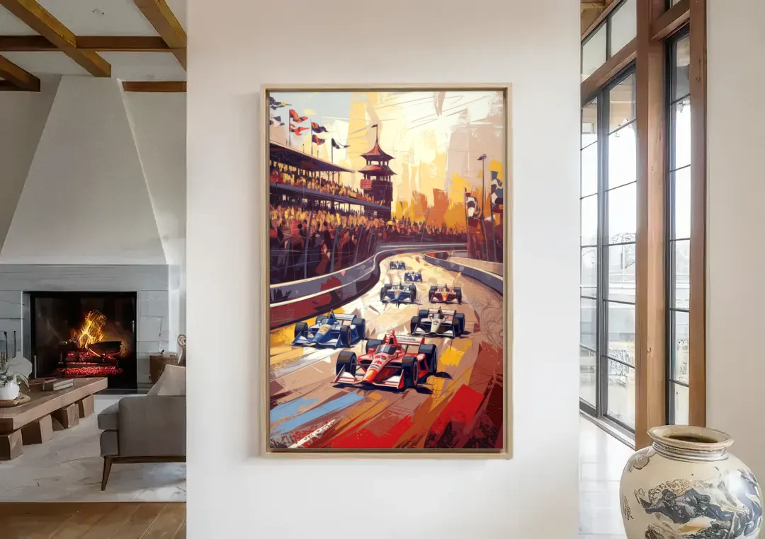 Indianapolis Motor Speedway Racing Scene canvas wall art in a living room with a fireplace