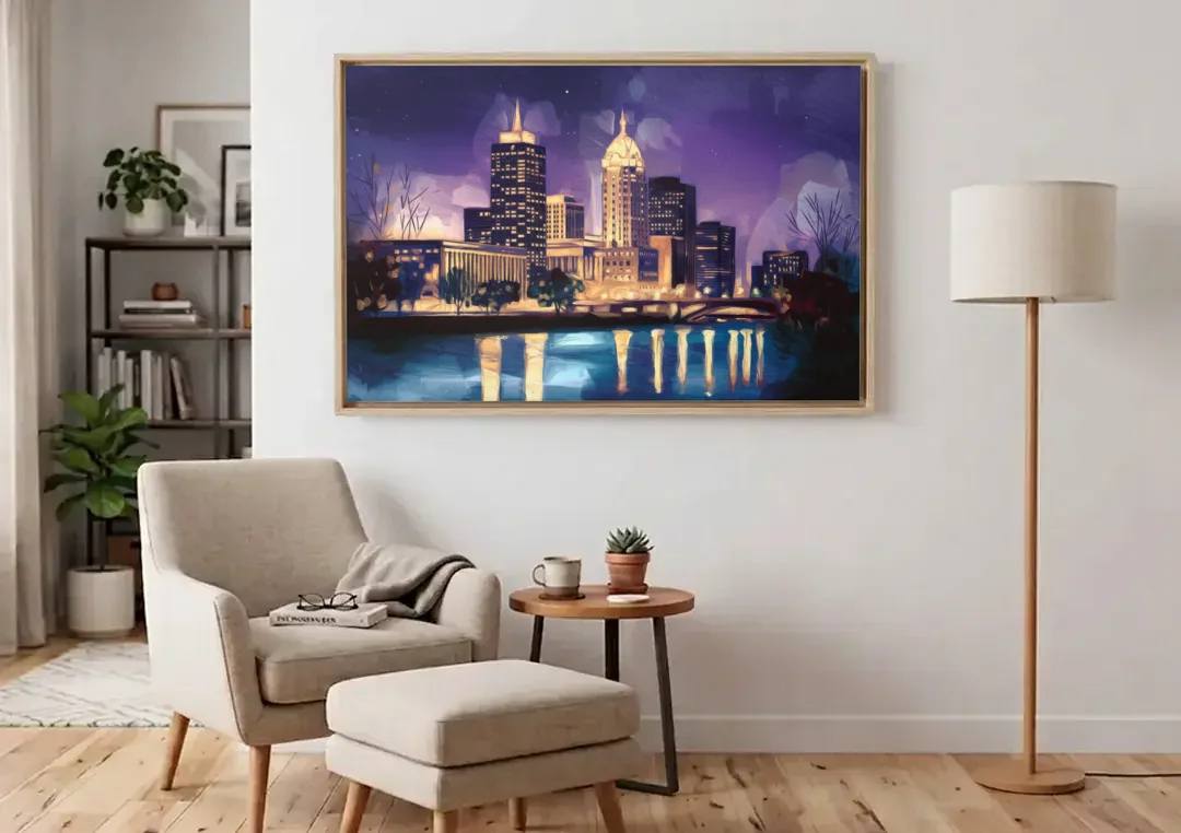 Indianapolis Nighttime Skyline canvas wall art above an armchair in a bright living room