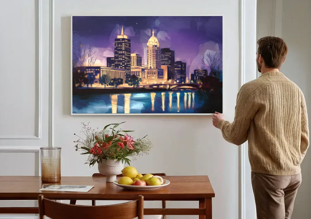 Indianapolis Nighttime Skyline canvas wall art above a dining table