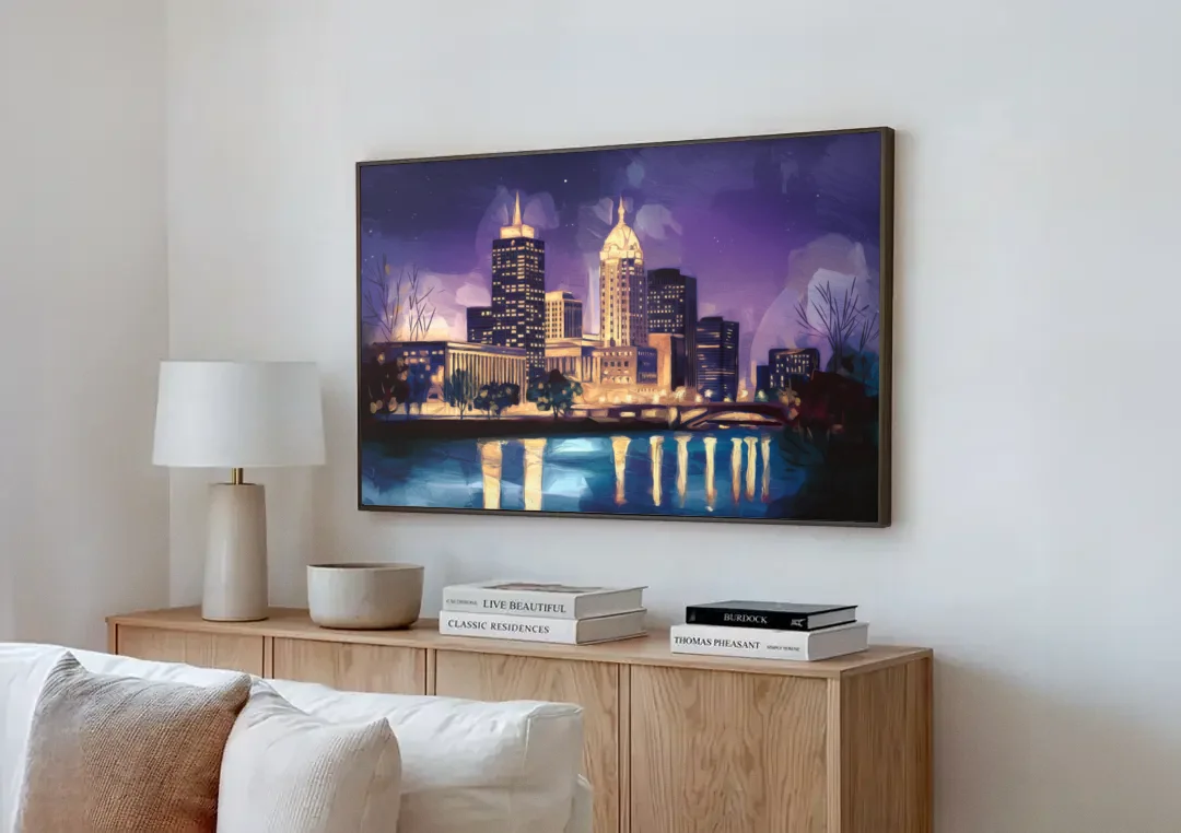 Indianapolis Nighttime Skyline canvas wall art above a wooden sideboard next to a sofa