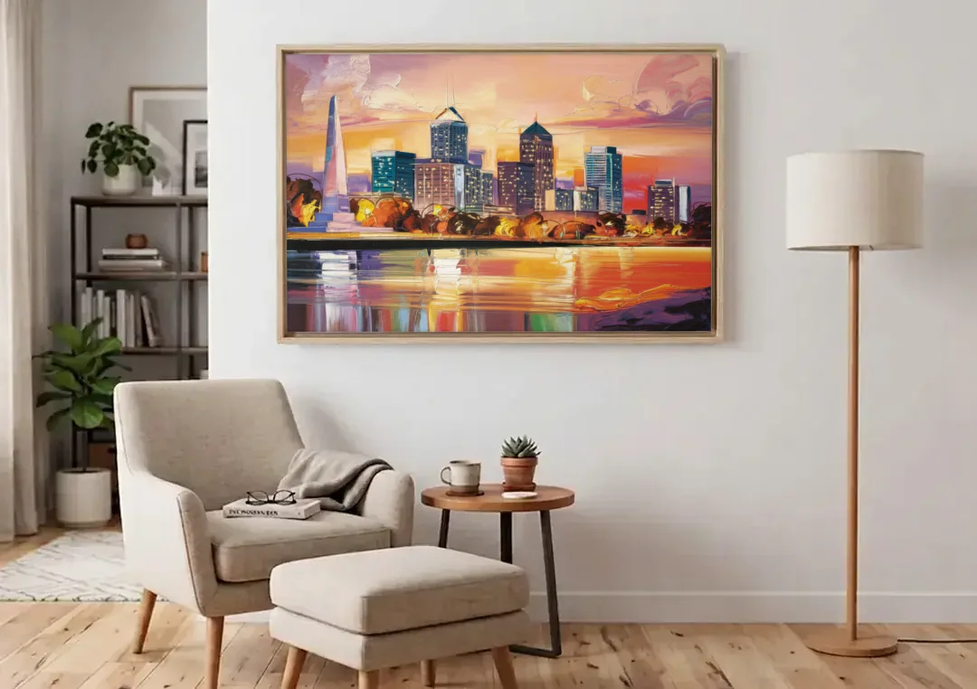 Indianapolis Skyline At Sunset canvas wall art above an armchair in a bright living room