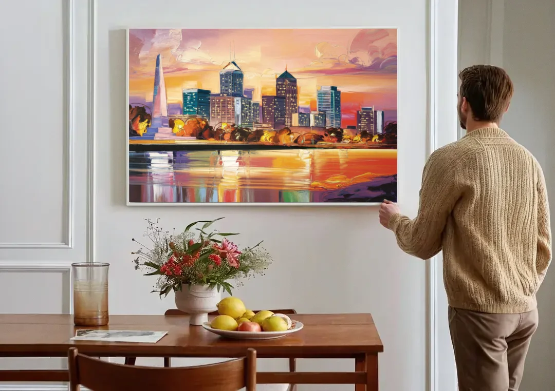 Indianapolis Skyline At Sunset canvas wall art above a dining table