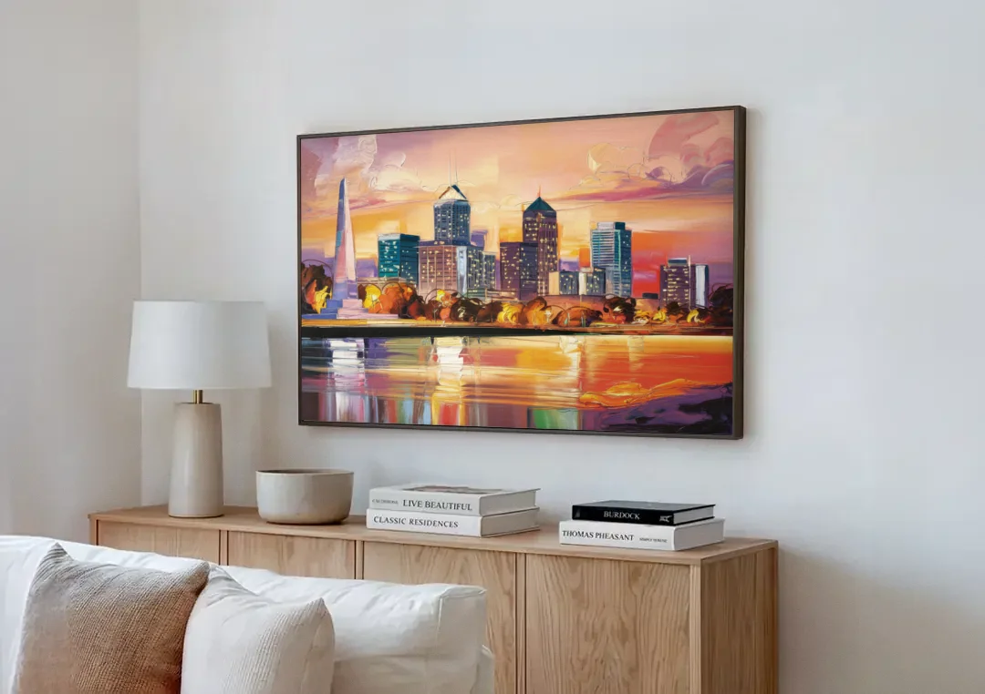 Indianapolis Skyline At Sunset canvas wall art above a wooden sideboard next to a sofa