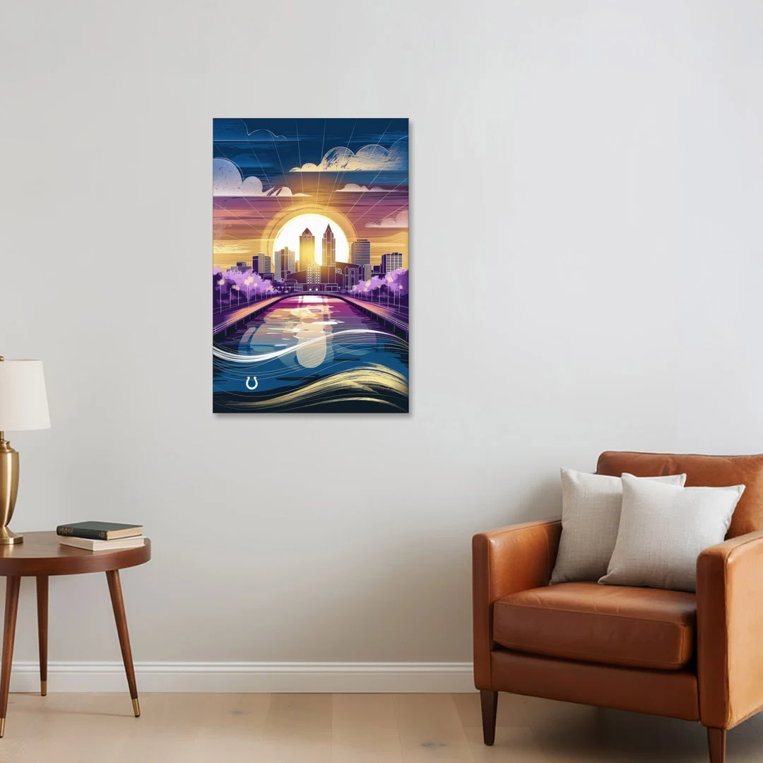 Indianapolis Skyline with Colts Theme - Canvas Wall Art - Sofa - 24x36