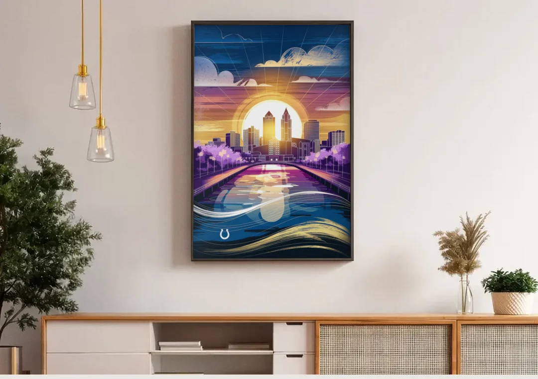 Indianapolis Skyline with Colts Theme canvas wall art above a wooden sideboard under pendant lights