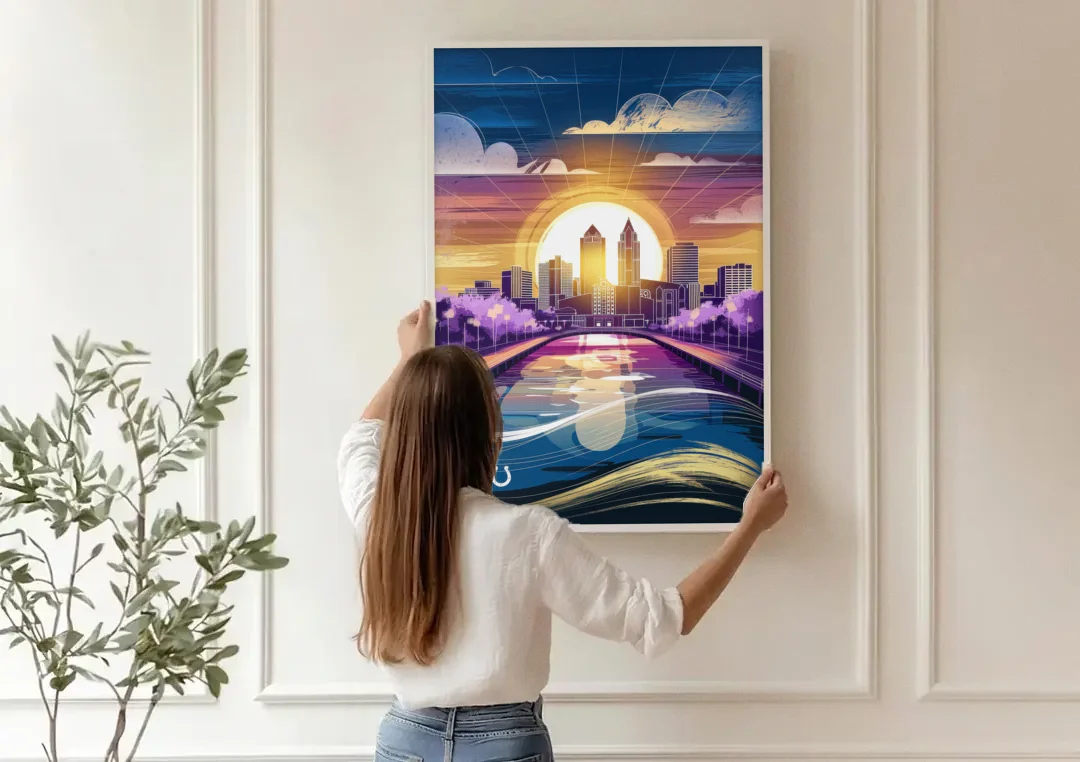 Indianapolis Skyline with Colts Theme canvas wall art being hung on a paneled wall