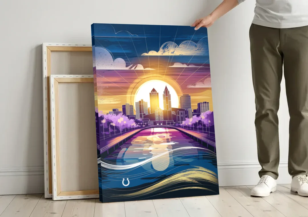 Indianapolis Skyline with Colts Theme canvas wall art leaning against a wall next to blank canvases
