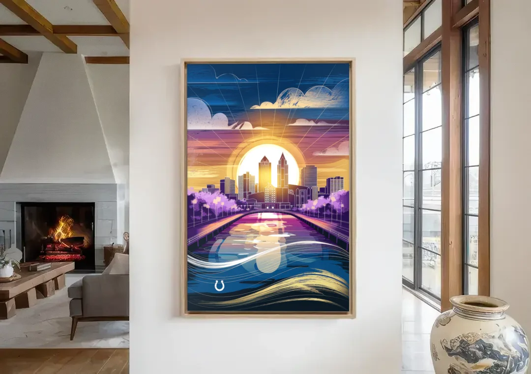 Indianapolis Skyline with Colts Theme canvas wall art in a living room with a fireplace