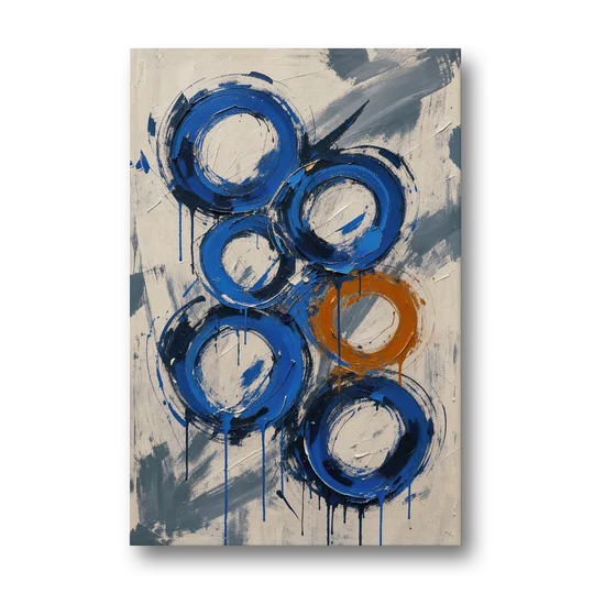 Indigo Wall Art with Five Dripping Rings - Canvas Wall Art - Front