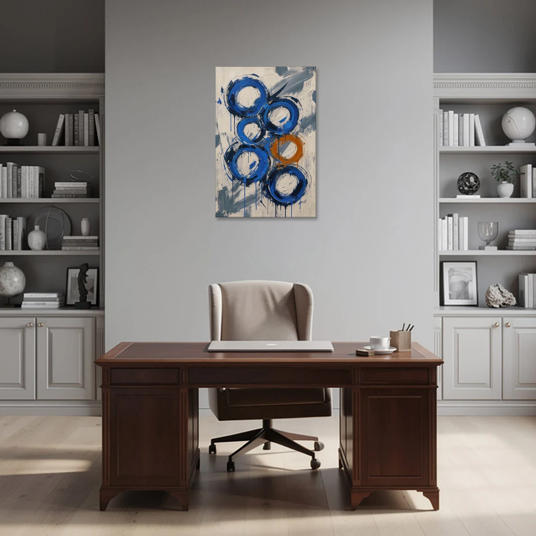 Indigo Wall Art with Five Dripping Rings - Canvas Wall Art - Office - 24x36