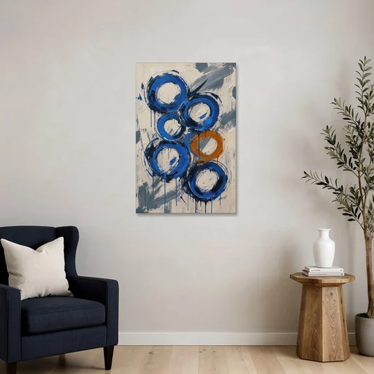 Indigo Wall Art with Five Dripping Rings - Canvas Wall Art - Sofa - 24x36