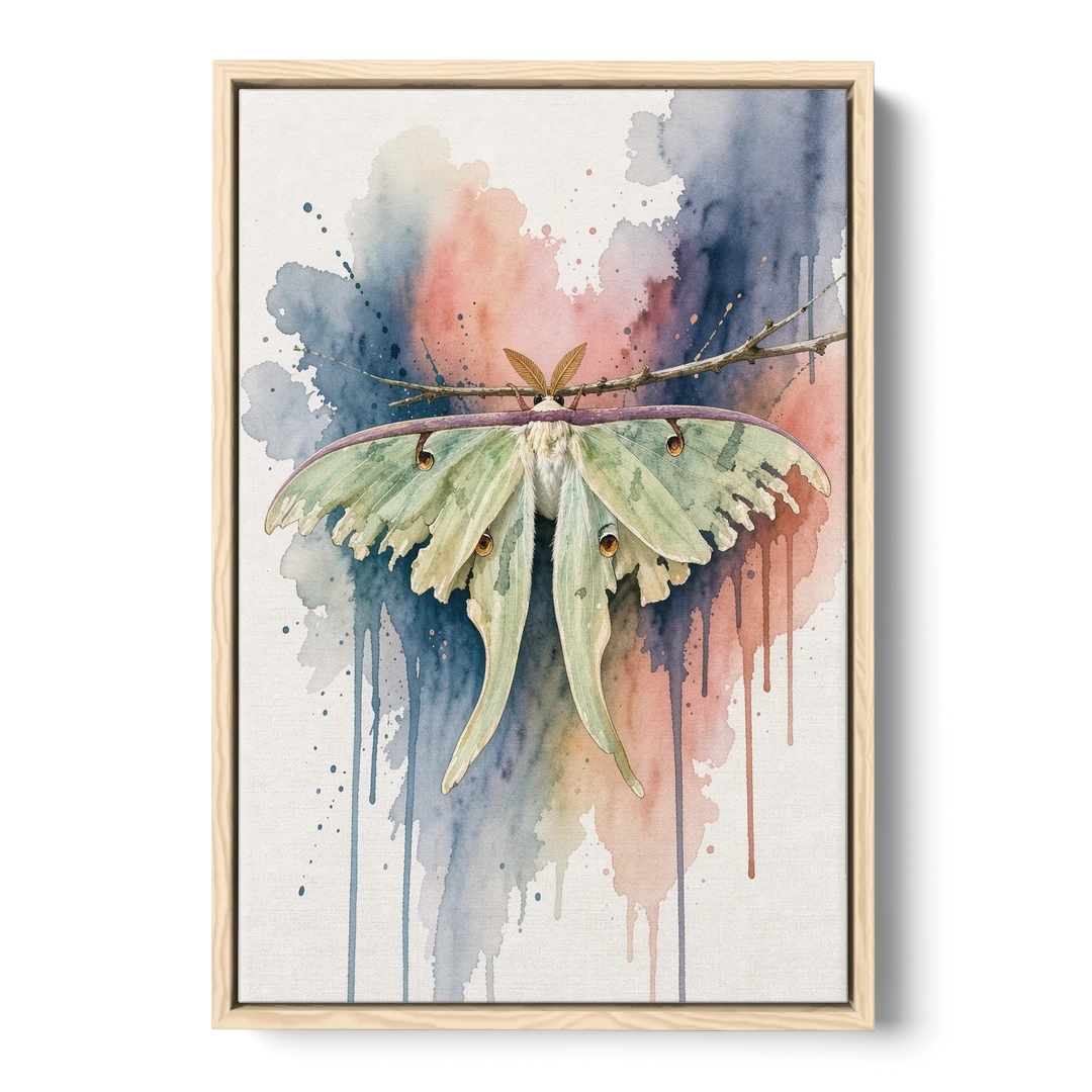 Insect Wall Art with a Luna Moth at Dusk - Oak Framed Canvas Wall Art - Front